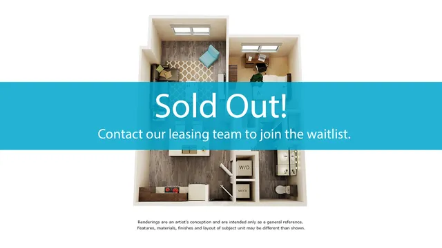 Modern apartment floor plan with a cozy living area, compact workspace, and efficient kitchen design. Contact for waitlist.