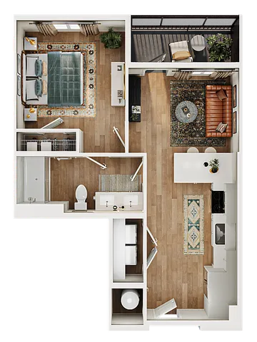Chic apartment floor plan with a spacious bedroom, modern bathroom, stylish living room, and cozy balcony; highlighting open-concept living with elegant wood flooring.