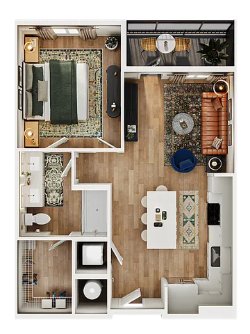 Elegant 3D floor plan showcasing a cozy 1-bedroom apartment with a modern open-concept living and dining area, well-equipped kitchen, stylish bathroom, and a charming balcony space.