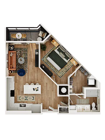 Chic modern floor plan featuring one spacious bedroom, elegant living area, premium kitchen, and cozy balcony.