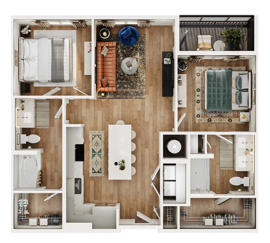Chic floor plan showcasing a modern 2-bedroom apartment with open-concept living area, stylish kitchen, and private balcony.