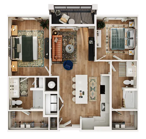 Contemporary floor plan featuring 2 bedrooms, a cozy living area with modern furniture, a sleek open kitchen, and 2 stylish bathrooms. Includes a private balcony for relaxation.