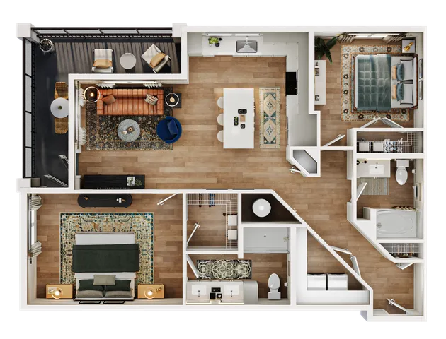 Modern apartment floor plan showcasing 2 cozy bedrooms, open kitchen with island, stylish living area, and a spacious balcony.