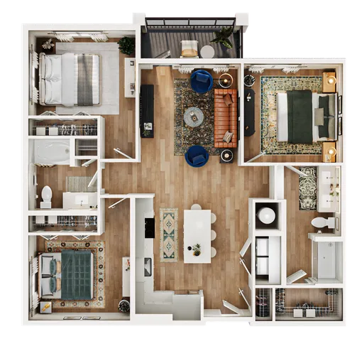 Modern 3D floor plan showcasing a chic 3-bedroom apartment with an open-concept living area, stylish kitchen, and two elegant bathrooms.