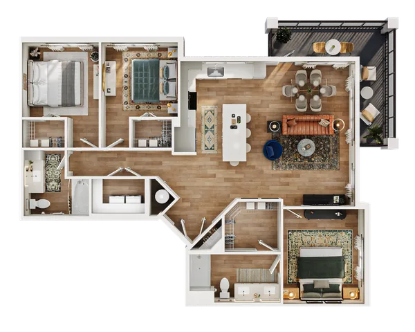 Elegant 3-bedroom apartment floor plan with open-concept living and dining area, modern kitchen, and spacious balcony.