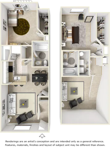 Spacious two-level floor plan featuring two bedrooms, a modern kitchen, dining area, elegant living room, and contemporary bathrooms.
