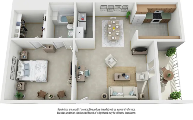 Modern 3D floor plan featuring a spacious one-bedroom apartment with a cozy living area, elegant dining space, sleek kitchen, and a stylish bathroom.