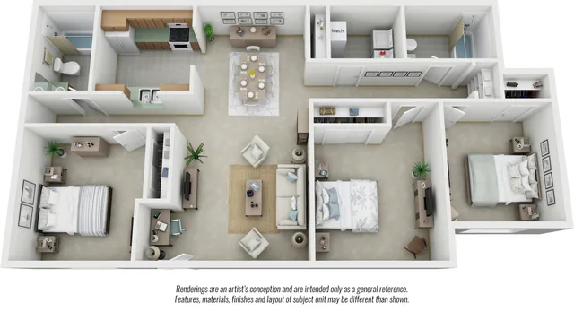 Spacious 3D floor plan showcasing two cozy bedrooms, an elegant open-concept kitchen, and a stylish living area with modern decor.