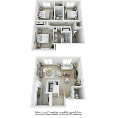 Modern two-story floor plan showcasing 3 cozy bedrooms, an airy open-concept living space, and a fully equipped kitchen with dining area.