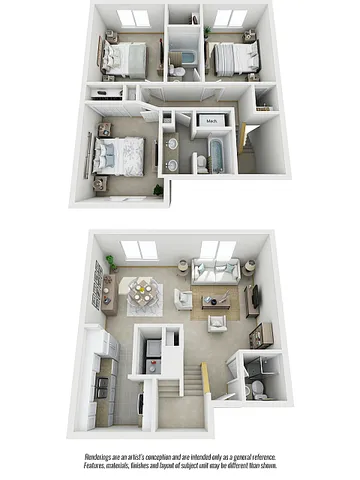 Inviting floor plan showcasing a two-story layout with three bedrooms, modern living room, open dining area, and stylish kitchen.