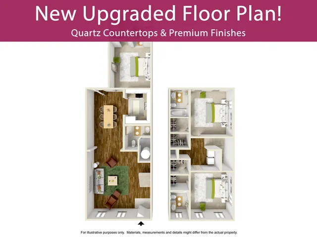 Stunning upgraded floor plan featuring quartz countertops and premium finishes, showcasing a 3D view of 2 spacious bedrooms, an open-concept living area, and a modern kitchen.
