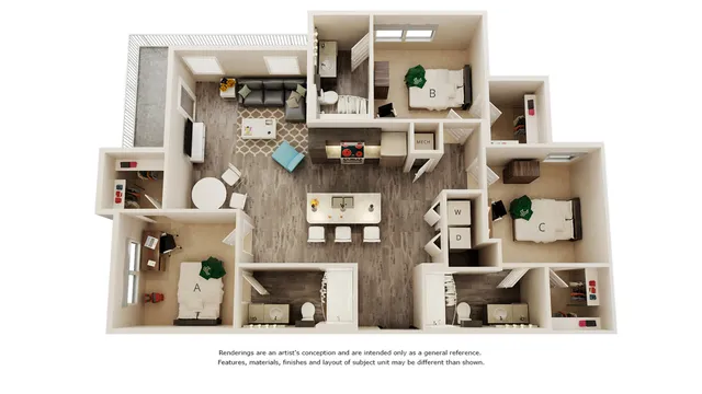 Bright 3D floor plan showcasing three cozy bedrooms, a modern kitchen with island seating, an open-plan living and dining area, plus two sleek bathrooms.