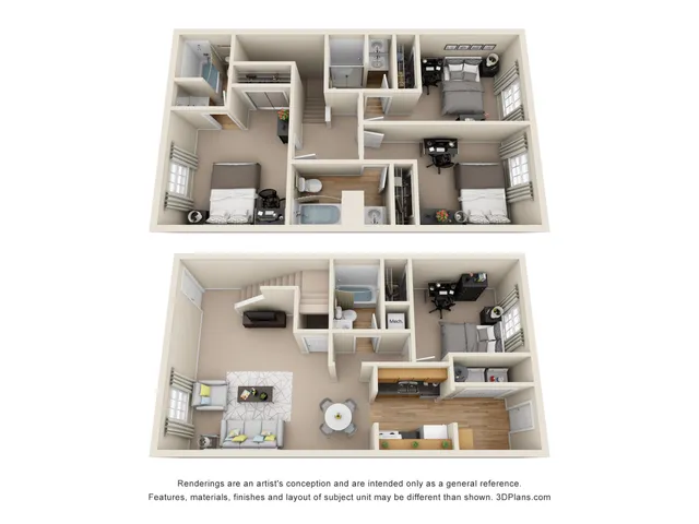 Modern 3D floor plan showcasing a two-story apartment with three bedrooms, a spacious living area, and a cozy kitchen, ideal for comfortable family living.