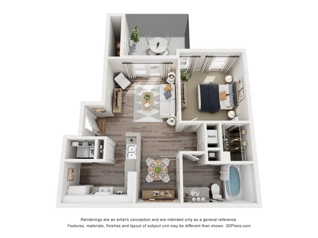 Modern apartment floor plan showcasing one bedroom, open-concept living area, sleek kitchen, and inviting balcony.
