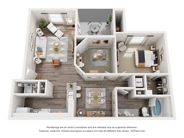 Modern open-concept floor plan featuring 1 bedroom, a cozy living area, stylish kitchen with island seating, and a spacious bathroom with laundry area.