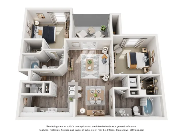 Inviting 3D floor plan showcasing two elegant bedrooms, modern kitchen, cozy living area, and two bathrooms, perfect for comfort and style.