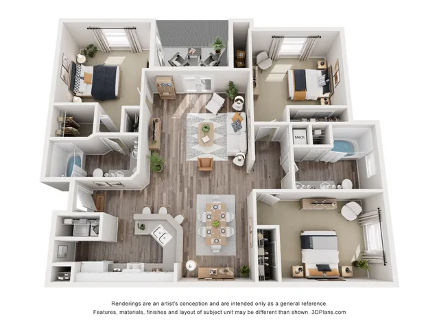 Spacious 3D floor plan highlighting 3 bedrooms, cozy living room, modern kitchen, and dining area, perfect for comfortable living.