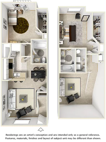 Modern two-story floor plan featuring two bedrooms, elegant living area, dining space, and fully-equipped kitchen, perfect for stylish living.