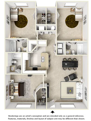 Elegant 3D floor plan displaying 3 bedrooms, a modern kitchen, open dining area, and a cozy living room, perfect for comfortable living.