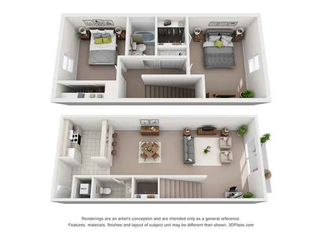 Beautiful 3D floor plan showcasing a modern two-story apartment with an open-concept living area, two spacious bedrooms, and a contemporary kitchen with breakfast bar.