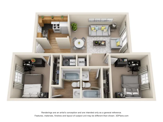 Modern 3D floor plan featuring 2 bedrooms, 2 bathrooms, an open-concept living room, and a fully equipped kitchen, ideal for a comfortable lifestyle.