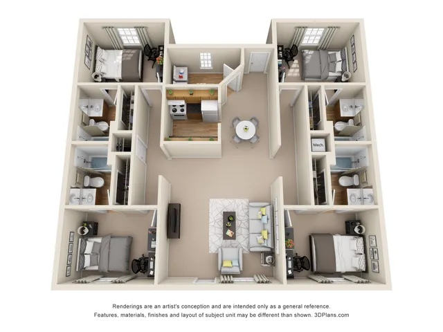Modern 3D floor plan showcasing 3 bedrooms, 2 bathrooms, a central living room, and a stylish kitchen.