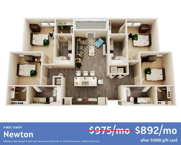 Newton floor plan showcasing 4 bedrooms and 4 bathrooms, featuring a contemporary open-concept living area with modern kitchen and stylish furniture. Affordable luxury at $892/month.