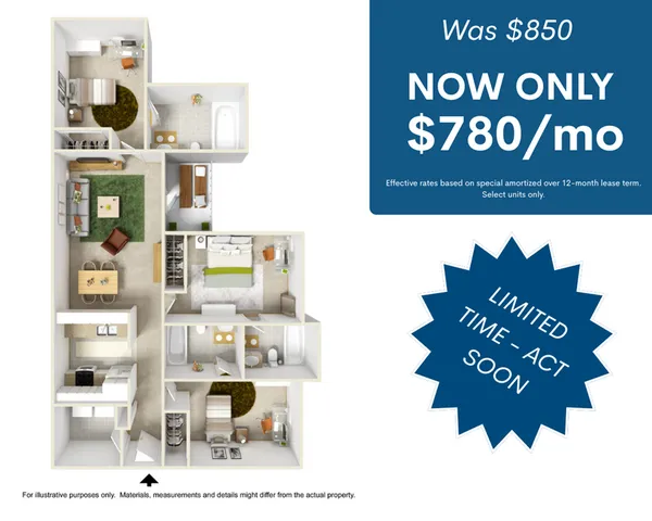 Modern apartment floor plan featuring two spacious bedrooms, a cozy living area, and a well-equipped kitchen. Attractive offer with a reduced price of $780/month. Limited time promotion.