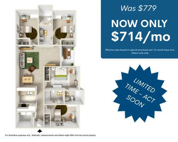 Modern 3D floor plan showcasing three cozy bedrooms, inviting open living area, and a functional kitchen. Limited-time offer with amazing savings on monthly rent.