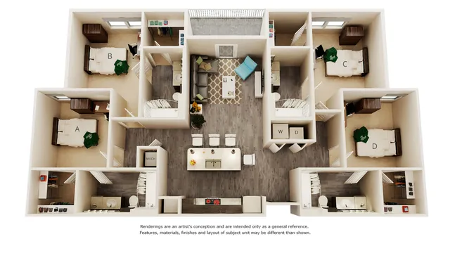 Contemporary 3D floor plan featuring 4 cozy bedrooms, a stylish open-concept living area, and a modern kitchen.