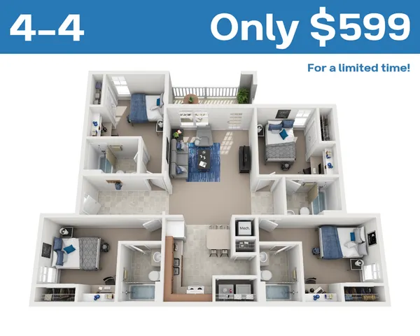 Spacious 4-bedroom apartment floor plan featuring private bathrooms, modern kitchen, cozy living area, and balcony access for only $599.