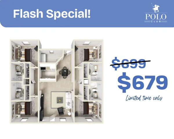 Exclusive Flash Special at Polo Club! 3D floor plan showcasing a spacious layout with two bedrooms, modern kitchen, and inviting living area. Reduced price at just $679 for a limited time.