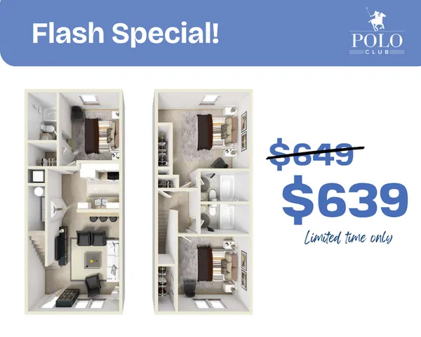 Exclusive offer on spacious Polo Club apartment with stylish two-story floor plan, featuring two bedrooms, modern kitchen, cozy living area, and two bathrooms. Limited time only, reduced price of $639 from $649.