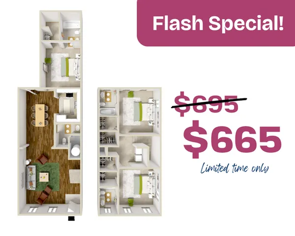 Inviting floor plan showcasing spacious 3-bedroom layout with an open-concept living area and modern kitchen. Available now for $665, limited time Flash Special!