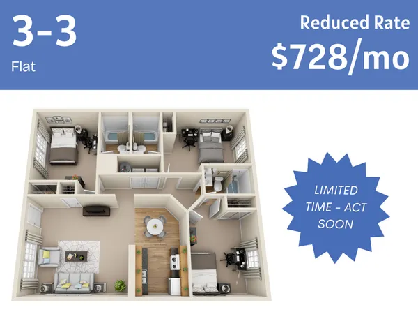 Modern 3D floor plan showcasing a 3-bedroom flat with an open living and dining area. Special reduced rate of $728/month for a limited time.