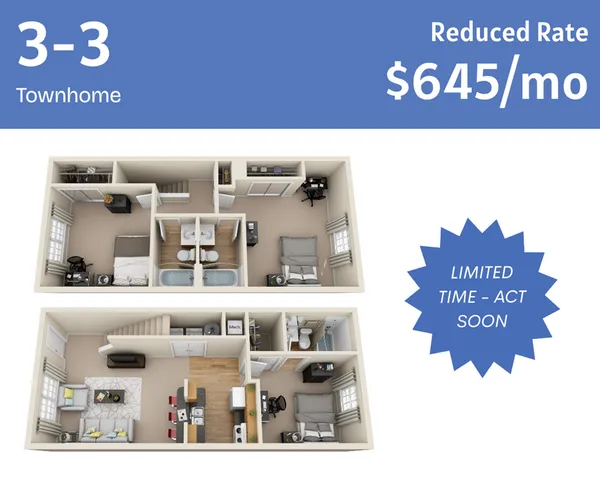 Modern 3-3 townhome floor plan featuring open-concept living area, stylish kitchen, and three spacious bedrooms, available at a reduced rate of $645/month. Limited time offer!