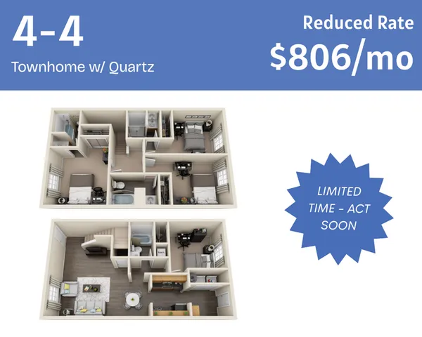 Modern townhome floor plan with 4 bedrooms and 4 bathrooms, featuring a spacious open-concept living area and a stylish kitchen with quartz countertops. Reduced rate at $806 per month, limited time offer.