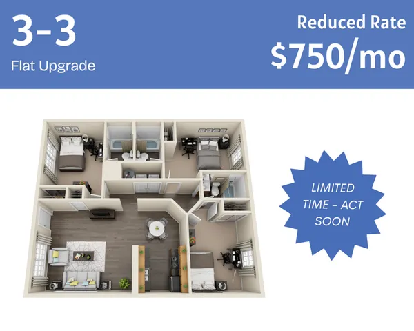 Modern 3D floor plan showcasing 3 bedrooms, upgraded interiors, and an open-concept living area at a reduced rate of $750/month. Limited time offer.