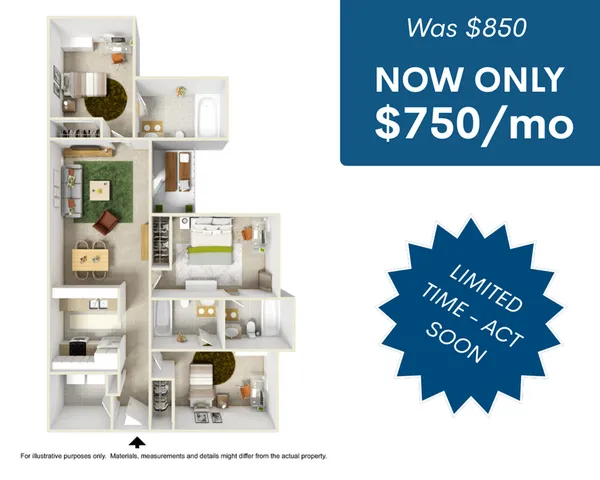 Modern 2-bedroom apartment floor plan with open living and dining area, stylish kitchen, and spacious bathrooms. Now only $750/month for a limited time.