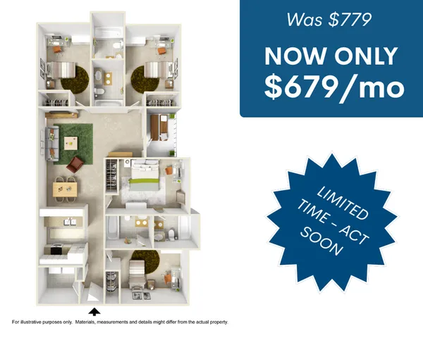 Spacious 3D floor plan showcasing three cozy bedrooms, two modern bathrooms, an open living and dining area, and a fully equipped kitchen. Limited time offer: $679/month.