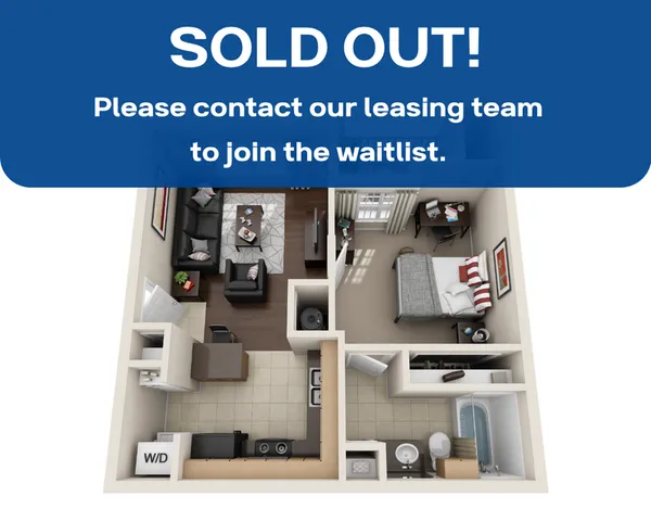 Modern apartment floor plan showcasing a cozy living area, a fully equipped kitchen, a stylish bedroom, and a sleek bathroom. Includes a convenient laundry area. Sold out, join the waitlist.