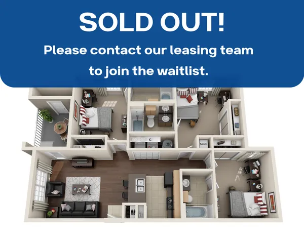 Charming 3D floor plan showcasing a vibrant 3-bedroom apartment, featuring an open-concept living room, modern kitchen, and two elegant bathrooms. Perfect blend of style and functionality.