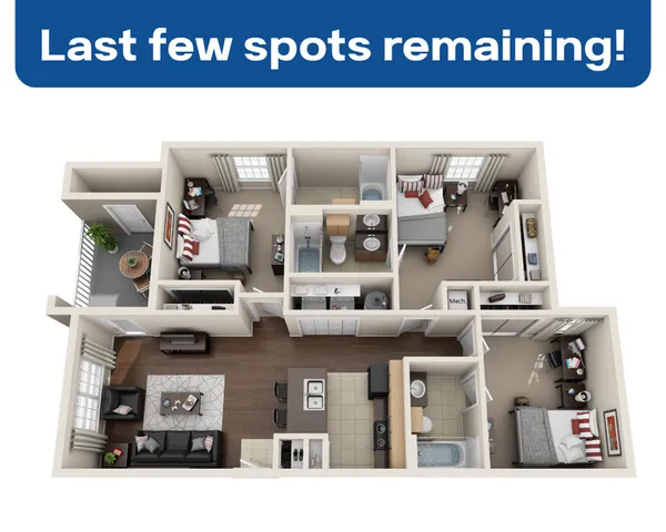 Modern 3D floor plan showcasing 3 spacious bedrooms, stylish open-concept living area, and a sleek kitchen. Perfect for comfortable urban living.