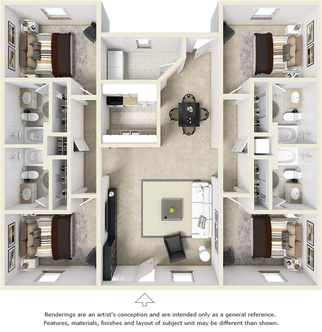 Modern 3D apartment floor plan with 2 bedrooms, spacious living area, fully equipped kitchen, and dual bathrooms offering stylish convenience.