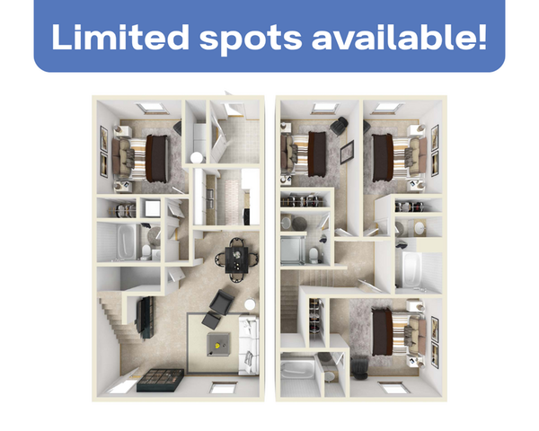 Modern duplex floor plan with two levels, featuring 3 bedrooms, a cozy living area, stylish dining space, and elegant bathrooms. Limited spots available!