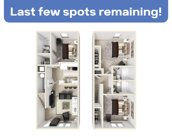 Modern townhouse floor plan with 2 bedrooms, open kitchen, and cozy living room. Last few spots remaining!