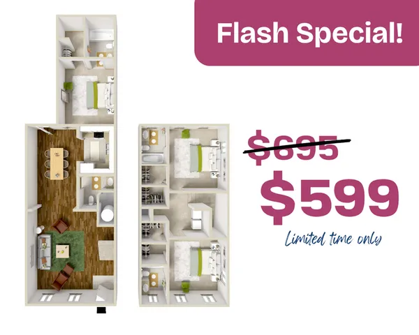 Flash special on elegant apartment floor plan featuring spacious living area, two bedrooms, modern kitchen, and cozy dining space. Now only $599, limited time offer!