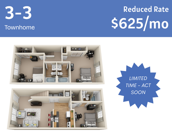 Modern 3-3 townhome floor plan showcasing spacious bedrooms, open-concept living area, and updated kitchen. Reduced rate offer at $625 per month, limited time act soon.