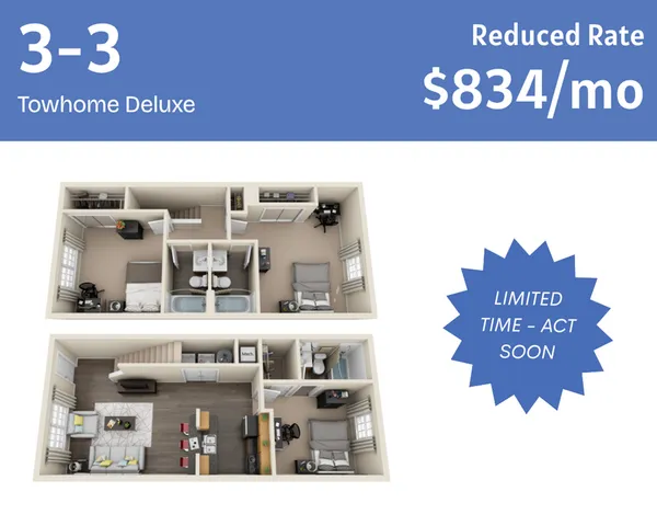 Inviting Towhome Deluxe floor plan showcasing 3 bedrooms and 3 baths with open-concept layout, stylish kitchen, and cozy living area at a reduced rate of $834 per month. Limited time offer, act soon!