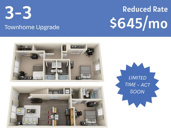 Upgraded 3-3 townhome floor plan showcasing a modern layout with three bedrooms, stylish living area, and a contemporary kitchen. Limited time reduced rate of $645 per month, act soon.
